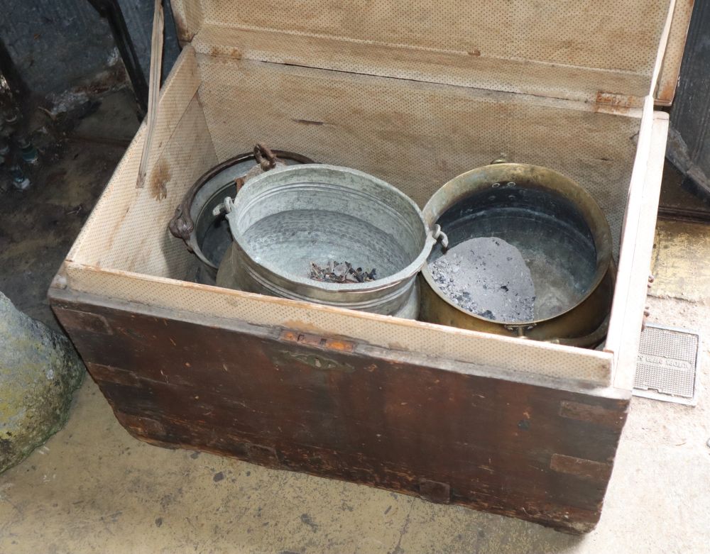 A Victorian pine trunk and a collection of mixed metalware